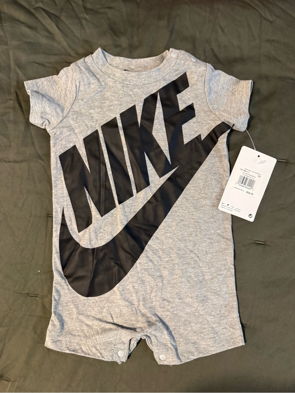 Nike Gray Short Sleeve Baby Romper with Black Logo